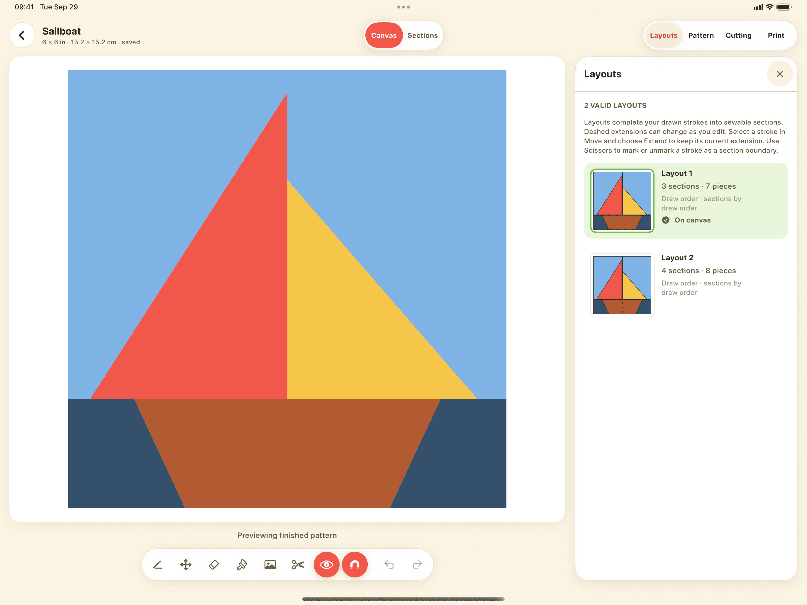 Piecework finished sailboat preview on iPad