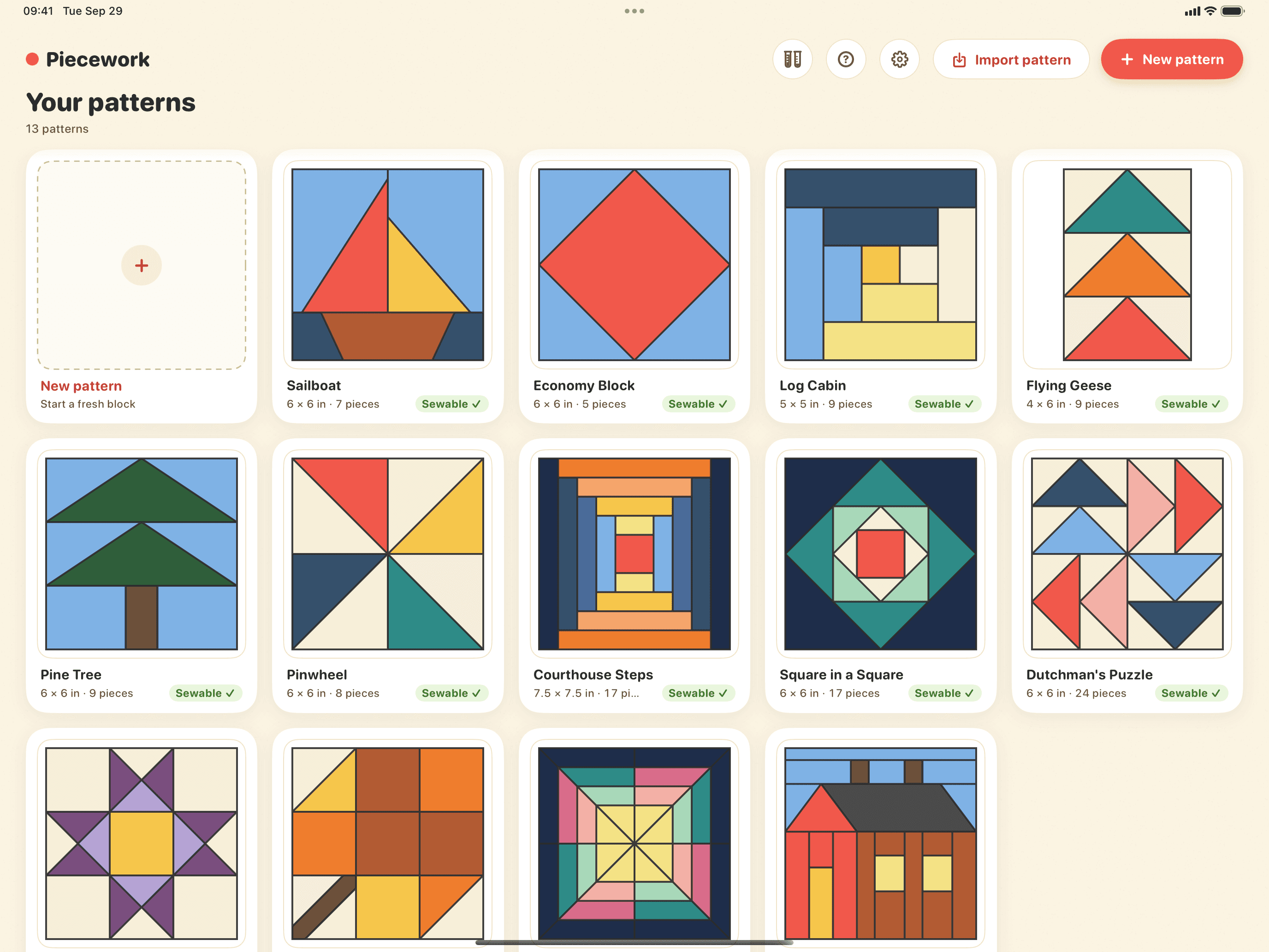 Piecework pattern gallery with thirteen sewable starter blocks on iPad
